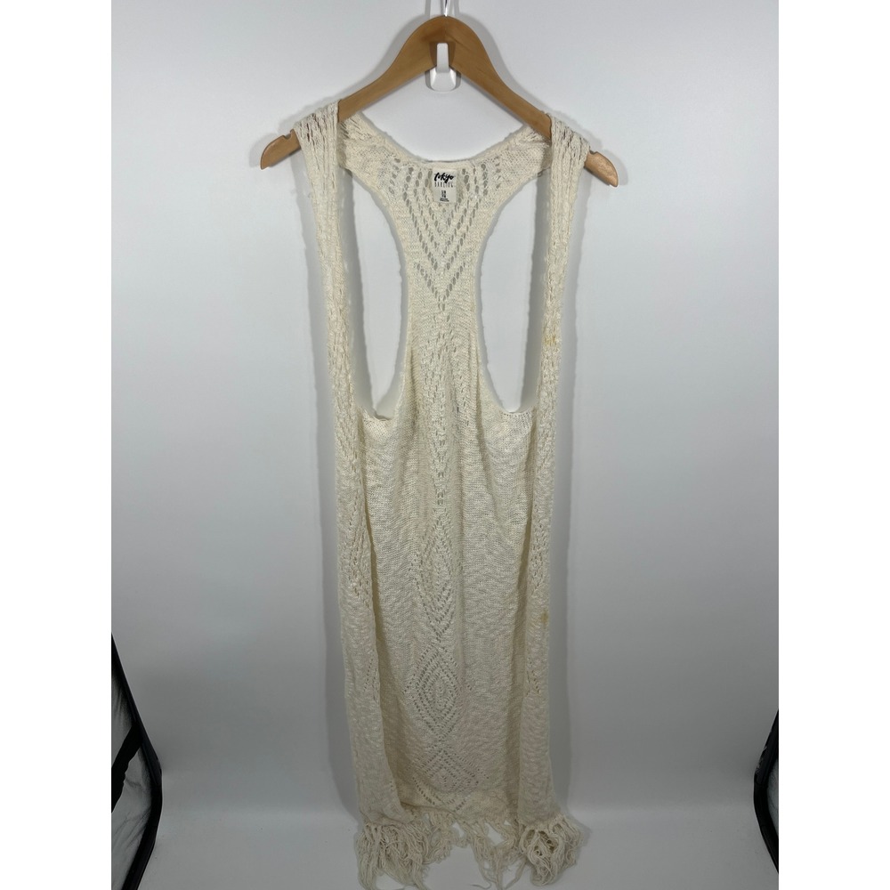 Women Sleeveless Racerback Duster Cardigan Crochet Knit S White Fringe Boho Chic